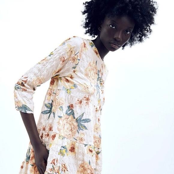 Zara Multicolor Floral Textured 3/4 Sleeve Tiered Flounce Hem Mini Shift Dress M - Picture 10 of 16